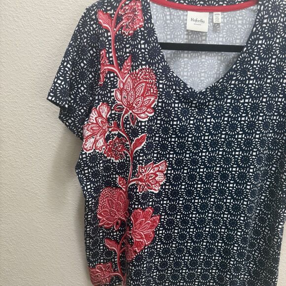 Rafaella Weekend Women's Top Size LP  Short Sleeve-Vneck Navy/red Floral Motive - Picture 2 of 8
